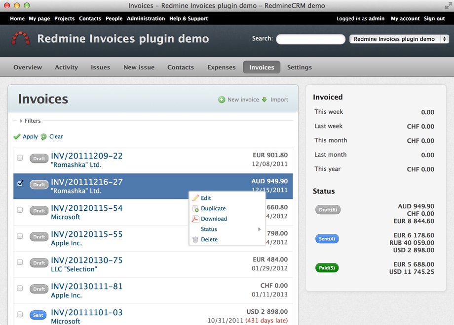 Redmine Invoices plugin (PRO Single-site)
